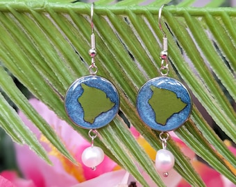 Big Island Hawaii Earrings with Pearls, Adorable Resin Silver Jewelry, Vacation Souvenir, Gift for Travelers and Beach Bums