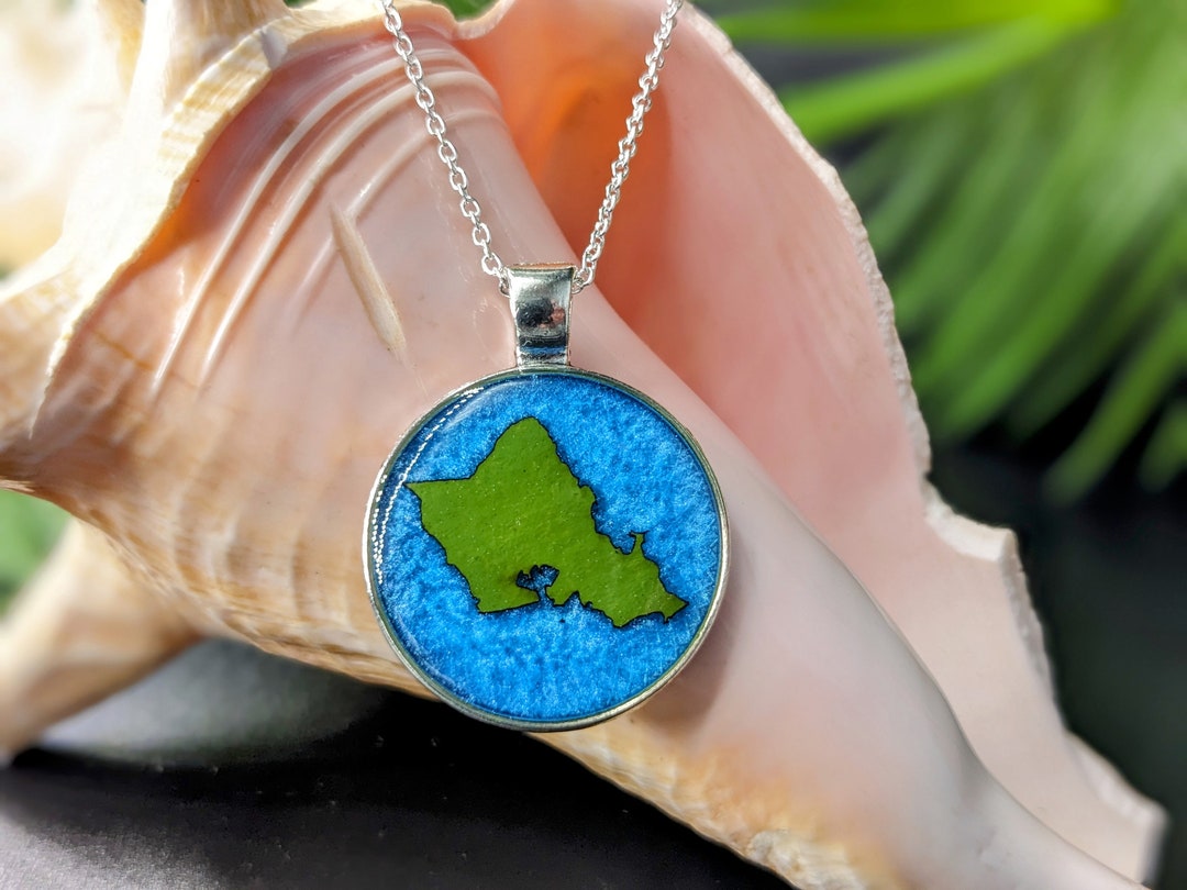 Oahu Hawaii Island Necklace, Resin Silver Pendant Jewelry
