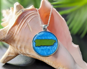 Puerto Rico Island Necklace, Gorgeous Resin Silver Pendant Jewelry, Caribbean Vacation Souvenir, Gift for Travelers and Beach Bums