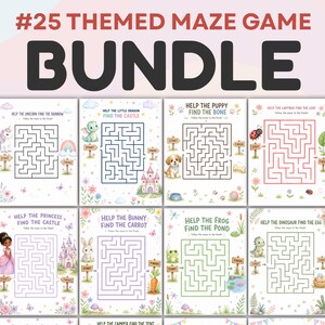 May include: A bundle of 25 themed maze game activity sheets in A4-style format. Each page features a unique character, such as a unicorn, puppy, or dinosaur, with a maze puzzle, start and finish signs, and colourful illustrations on a white background.