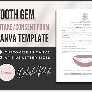 Moduli di accettazione cliente per gemma dentale / Modulo di consenso per gemma dentale / Modelli Canva modificabili / Nuovo cliente / Moduli aziendali Med Spa / Trattamento dei denti