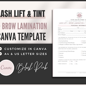 Puede incluir: Una plantilla de formulario de admisión para el levantamiento de pestañas y la laminación de cejas, imprimible, en un esquema de color rosa rubor. El formulario incluye secciones para información personal, alergias y consentimiento para el procedimiento. El texto "YOUR SALON NAME HERE" está en la parte superior del formulario.