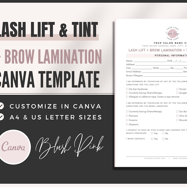 Brow Lamination + Lash Lift + Tint Form | Intake and Client Consent | Editable Canva Templates | Editable/Printable Salon Spa Business Forms