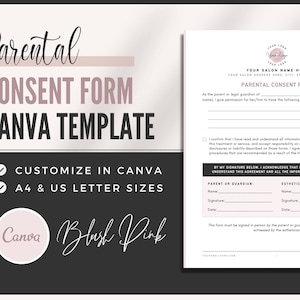 Puede incluir: Una plantilla de formulario de consentimiento parental rosa y blanco para un salón. El formulario incluye secciones para el padre o tutor y la esteticista para firmar y fechar. El texto en el formulario dice "Formulario de consentimiento parental".