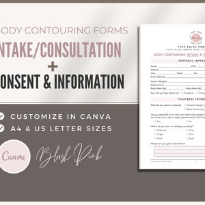 Puede incluir: Un formulario imprimible rosa y blanco para la admisión y consulta de contorno corporal. El formulario incluye secciones para información personal, información sobre el tratamiento y consentimiento. El formulario es personalizable en Canva y está disponible en tamaños A4 y carta de EE. UU.