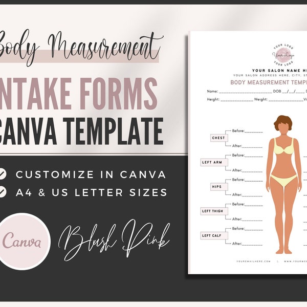 Body Measurement Form | Client Body Measurement Intake | Canva Templates | Body Outline | Salon & Spa Business | Esthetician Body Contouring