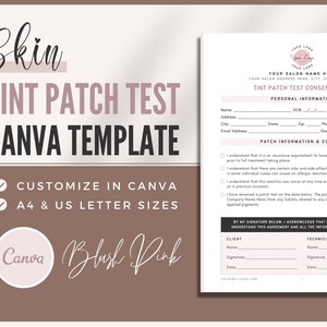 Toestemmingsformulier voor tintpatchtest | Wenkbrauwpleistertest | Bewerkbare Canva-sjablonen | Salon- en spaformulier | Aanpasbare schoonheidsspecialisteformulieren | Kleurpatch