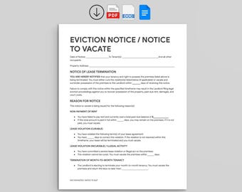 Eviction Notice Template | Notice to Vacate & Proof of Service (PDF, Google Docs, Word)