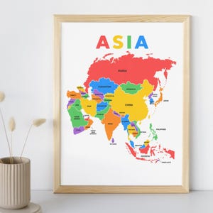 Utskrivbar karta över Asien, geografiposter för barn (PDF för direktnedladdning)