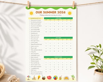 Bucketlist-kalender zomer 2026, planner voor gezinsactiviteiten (afdrukbaar 24 x 36, canvassjabloon)