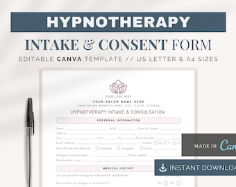 Hypnotherapy Intake | Canva Templates | Hypnotherapy Consent Form | Hypnotherapy Consultation Forms | Hypnotherapy Editable Forms