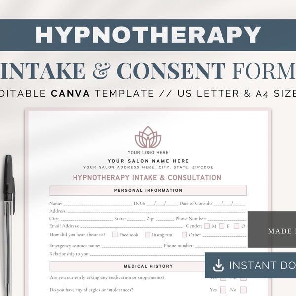 Hypnotherapy Intake | Canva Templates | Hypnotherapy Consent Form | Hypnotherapy Consultation Forms | Hypnotherapy Editable Forms