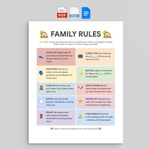 May include: A printed family rules poster with colorful icons and text. The poster includes rules about shoes, screen time, kind words, cleaning up, eating, privacy, bedtime, gentle hands, helping out, and forgiveness. The text is in a clear, easy-to-read font.
