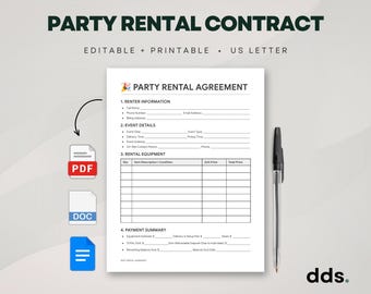 May include: A white Party Rental Agreement document with black text, featuring sections for Renter Information, Event Details, Rental Equipment, and Payment Summary. Includes PDF, DOC, and Google Docs icons, plus a black ballpoint pen.