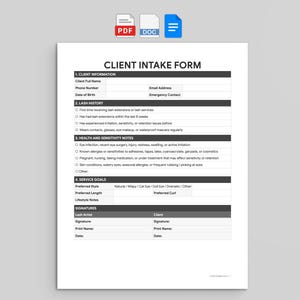 May include: A white paper client intake form for lash services with black text and headers. Sections include client information, lash history, health and sensitivity notes, service goals, and signature lines for the lash artist and the client.