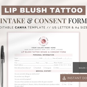 Lip Blush Tattoo Intake Form | Canva Templates | Consultation Form | Lip Tint Consultation | Lip Tattoo Intake & Consent Form | Lip Blushing