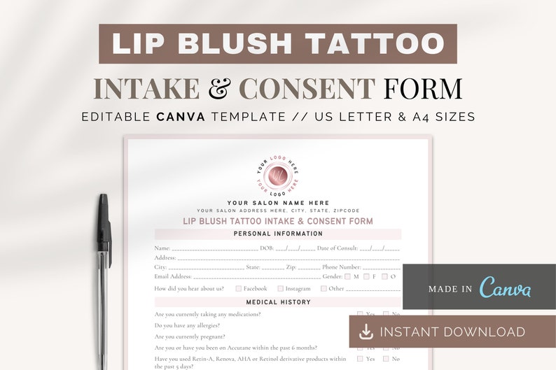 Lip Blush Tattoo Intake Form Canva Templates Consultation Form Lip Tint ...