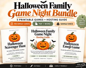 Paquete de juegos de Halloween para familias: 5 juegos imprimibles para fiestas, 100 cartones de bingo y guía para el anfitrión.