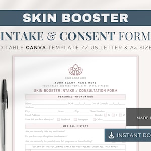 Skin Booster Intake | Canva Templates | Skin Booster Consent Form | Skin Booster Consultation Form | Skin BoosterSkin Booster Editable Forms