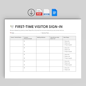 May include: A white "FIRST-TIME VISITOR SIGN-IN" form with fields for guest information, contact details, and next steps. Includes icons for PDF, DOC, and a download arrow.