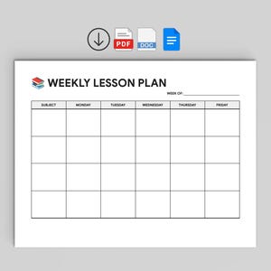May include: A white Weekly Lesson Plan template with a grid for subjects and daily schedules. The title is in bold black font, with icons for PDF, DOC, and a download arrow at the top.