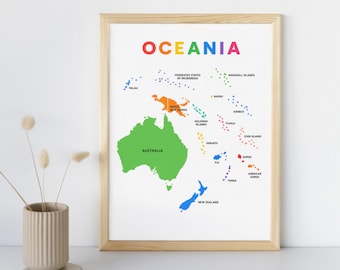 Afdrukbare kaart Oceanië, kinderposter geografie (pdf direct downloaden)