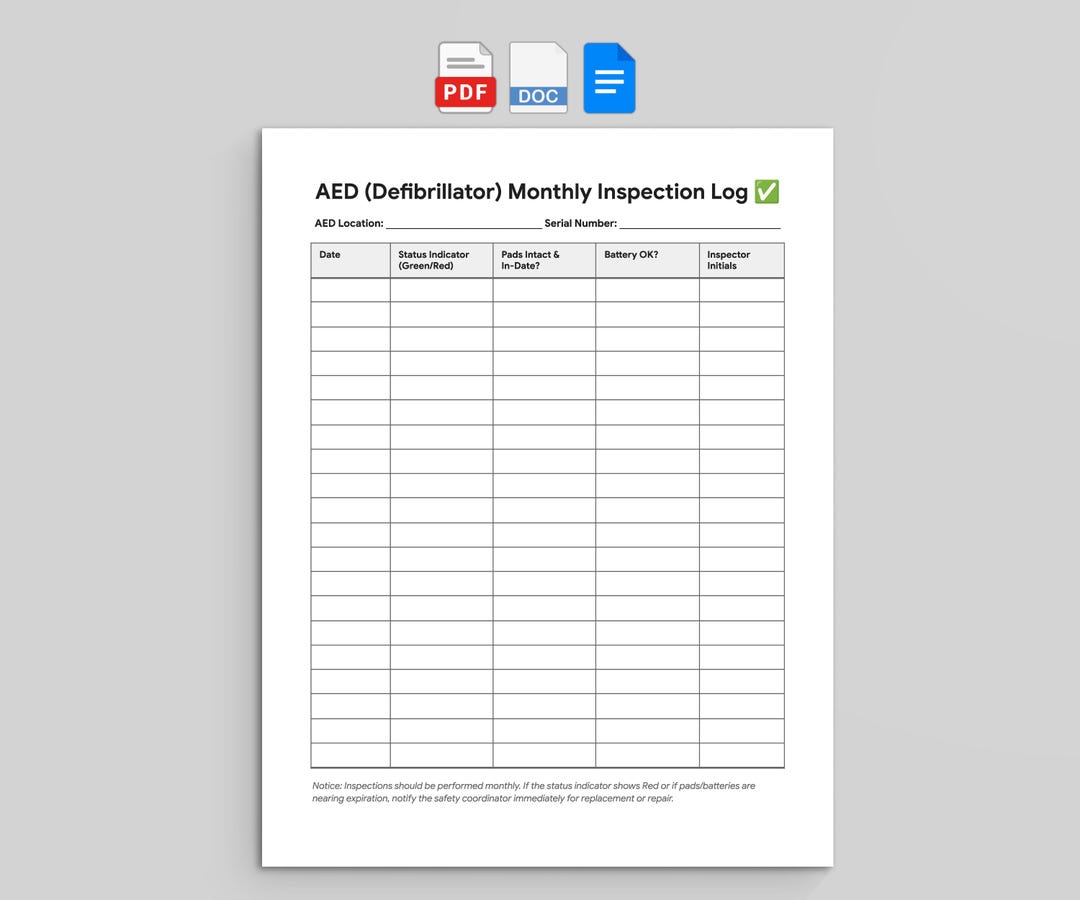 AED Defibrillator Monthly Inspection Log and Safety Checklist (google ...