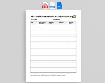 Registro de inspección mensual y lista de verificación de seguridad del desfibrilador DEA (Google Docs, Word, PDF)