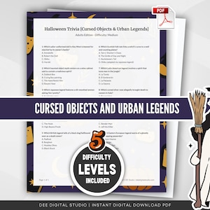 May include: A Halloween trivia game titled "Cursed Objects and Urban Legends" with multiple choice questions. The game includes five difficulty levels. The design features a witch and a ghost illustration, with a PDF icon in the corner.