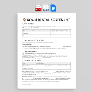 Puede incluir: Un documento de contrato de alquiler de habitación con secciones para las partes, la propiedad, el plazo y las finanzas. El documento incluye campos para la información del propietario y del inquilino, la dirección de la propiedad y los detalles del alquiler. El documento está en formato PDF y DOC.