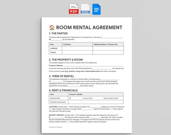 Room Rental Agreement Template, Editable Roommate Lease Form (Google Docs, Word, PDF)
