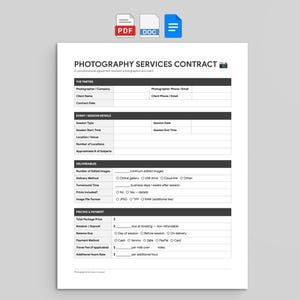 Peut inclure: Un contrat de services photographiques blanc avec du texte noir. Il comprend des sections pour les parties, les détails de l'événement, les livrables et les prix. Le document est au format PDF.
