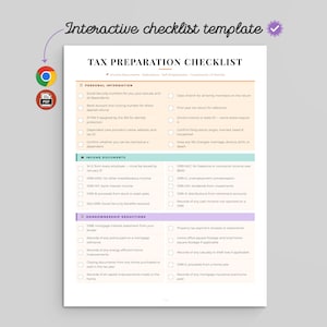 May include: An interactive checklist template titled Tax Preparation Checklist. The document features sections for personal information, income documents, and homeownership deductions with checkboxes for tracking various tax-related items.