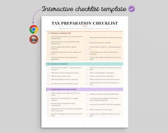 Plantilla interactiva de lista de verificación para la preparación de impuestos (descarga instantánea en HTML y PDF)