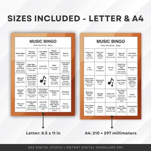 Puede incluir: Dos tableros de juego de Bingo musical con &eacute;xitos de los a&ntilde;os 2010, disponibles en tama&ntilde;os Carta y A4 (210 x 297 mm). Las tarjetas de bingo tienen un borde marr&oacute;n e incluyen t&iacute;tulos de canciones como "Black Magic" e "I Knew You Were Trouble".