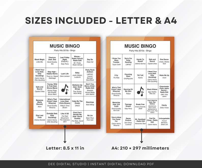 Puede incluir: Dos tableros de juego de Bingo musical con &eacute;xitos de los a&ntilde;os 2010, disponibles en tama&ntilde;os Carta y A4 (210 x 297 mm). Las tarjetas de bingo tienen un borde marr&oacute;n e incluyen t&iacute;tulos de canciones como "Black Magic" e "I Knew You Were Trouble".