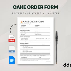 Könnte beinhalten: Ein weißes US-Letter-Bestellformular für Torten mit schwarzem Text, das Abschnitte für Kundeninformationen, Tortenspezifikationen, Design und Preise enthält. Mit einem kleinen Tortensymbol, einem schwarzen Stift und drei Dateisymbolen.