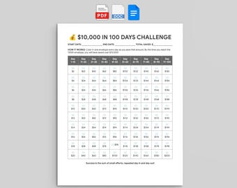 10K Savings Challenge Tracker, Printable 100 Day Money Tracker (Google Docs, Word, PDF)