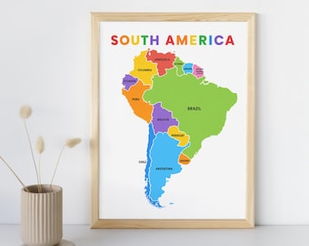 Afdrukbare kaart van Zuid-Amerika, kinderposter geografie (pdf direct downloaden)