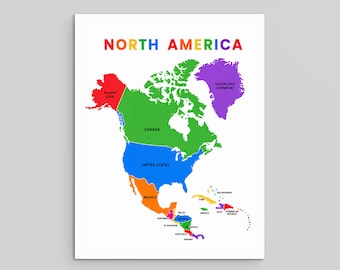Afdrukbare kaart van Noord-Amerika, kinderposter geografie (pdf direct downloaden)