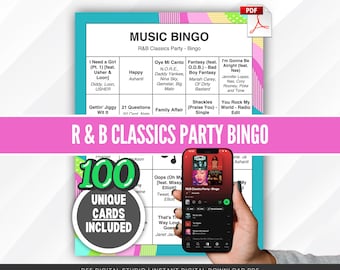 Juego de bingo para fiestas musicales con clásicos de R&B / 100 cartones (PDF imprimible)