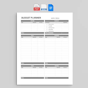 May include: A white budget planner template featuring black text and gray headers. The document includes sections for Income, Summary, Bills, Expenses, Debts, and Savings, with columns for Item, Budget, and Actual amounts. PDF, DOC, and blue icons appear above.
