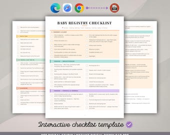 Plantilla interactiva de lista de verificación para el registro del bebé (descarga instantánea en HTML y PDF)