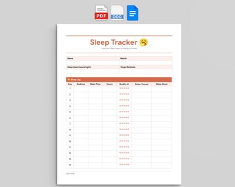 14-Day Sleep Tracker | Bedtime and Wake Mood Log | PDF, Word, and Google Docs