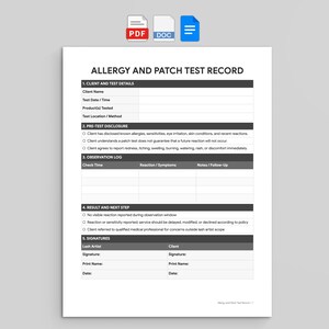 Könnte beinhalten: Ein weißes Dokument mit dem Titel ALLERGY AND PATCH TEST RECORD mit Abschnitten für Kundendaten, Vorab-Offenlegung, Beobachtungsprotokoll, Ergebnisse und Unterschriften. Das Formular enthält Kontrollkästchen und Zeilen zur Dateneingabe.