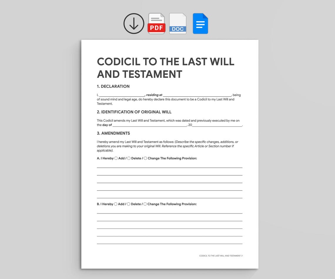 Codicil to Last Will and Testament Form | Will Amendment Template (PDF