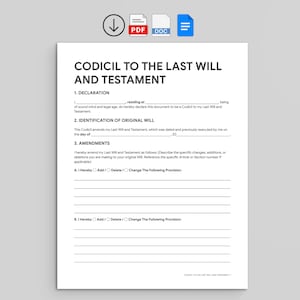 May include: A white document titled "CODICIL TO THE LAST WILL AND TESTAMENT" with fillable fields. PDF and DOC file icons are in the top right. A downward arrow icon is in the top left corner.