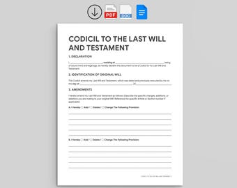 Codicil to Last Will and Testament Form | Will Amendment Template (PDF, Google Docs, Word)