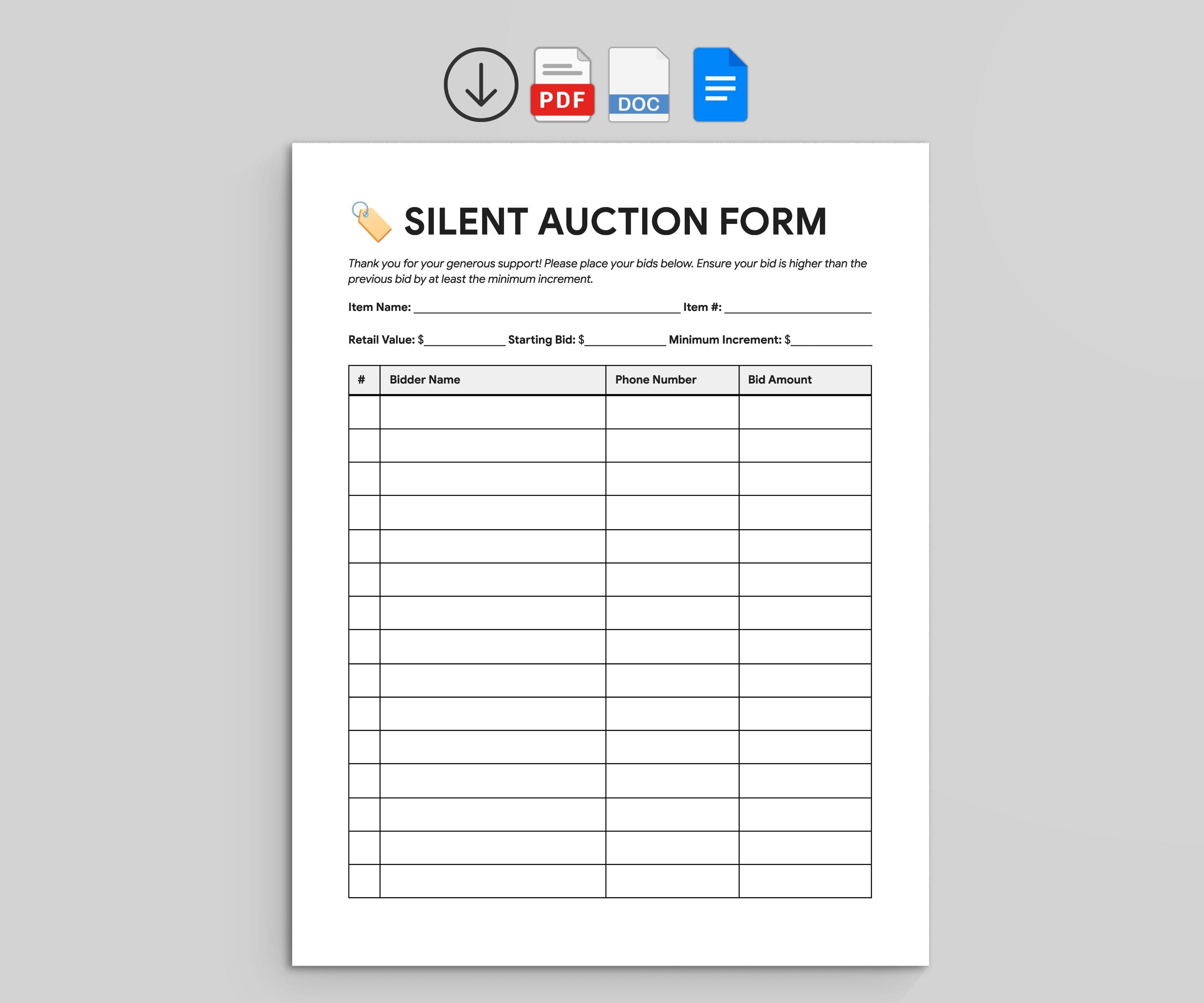 Silent Auction Bid Sheet | Bidding Event Sign in Sheet (PDF & Word ...