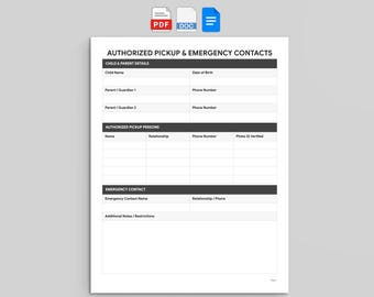 Authorized Pickup and Emergency Contacts | Childcare Form | PDF, Word, and Google Docs